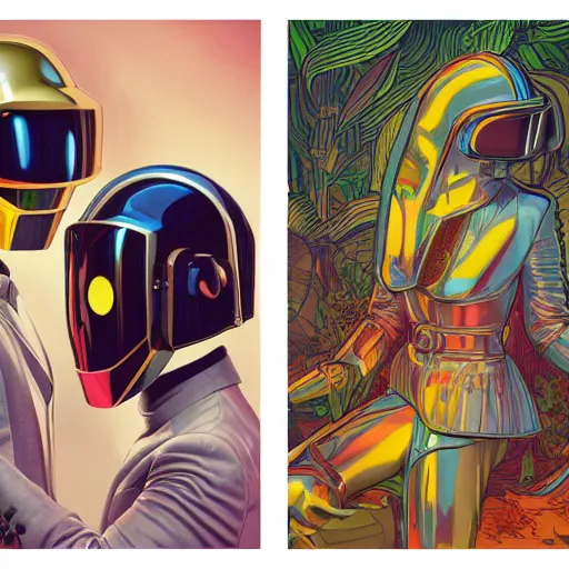 Prompt: daft punk but they're little kids, mucha, mayhem, illustration, by James Jean, artgerm, octane render, by John Coltrane and Marc Simonetti, Manic, inspired by Greg rutkowski, colorful, studio lighting, high detail of the face, full body