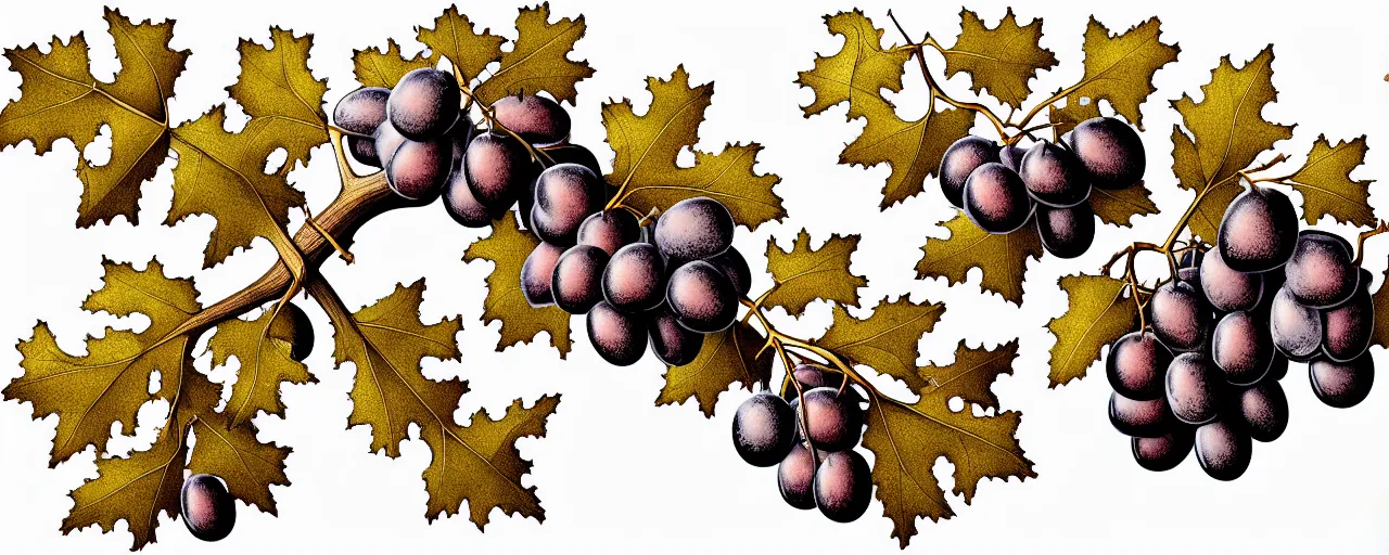 Prompt: a full page schematic diagram illustration of an oak branch with grapes, with oak leaves and some oak acorns, ultra detailed, 4 k, intricate, encyclopedia illustration, fine inking lines