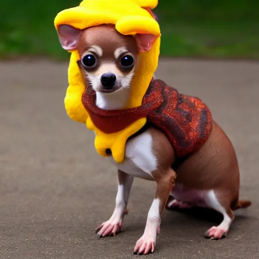 Image similar to photo of mini brown chihuahua in a bowser costume. Post processing , award winning , masterpiece , photo realistic