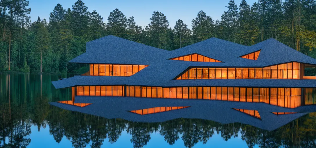 Prompt: faceted roof planes lift and descend creating shade and architectural expression, highly detailed, situated in the forest, next to a highly reflective lake, at dusk, vivid color, 4 k photography