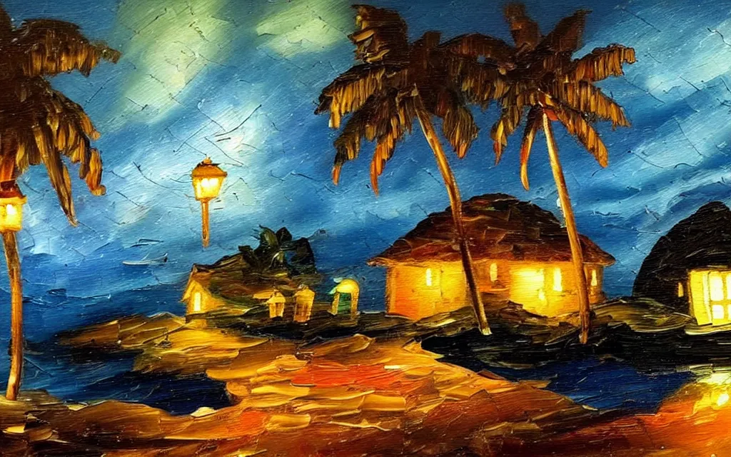 Image similar to a very very small island! cute cozy large cottage!! and lanterns!!!, palm trees, dark very late evening cloudy, dramatic and dynamic lighting, thick brush strokes oil impasto painting
