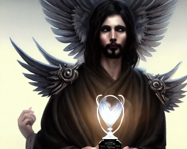 Image similar to dark art blizzard, portrait of fallen man angel with wings with award in his hand, bokeh. dark art masterpiece artstation. 8k, sharp high quality illustration in style of Jose Daniel Cabrera Pena and Leonid Kozienko, concept art by Tooth Wu