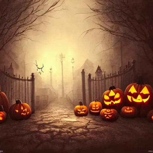 Image similar to a creepy and eery Halloween setting, with Jack o lanterns on the street and shadow figures lurking about, dynamic lighting, photorealistic fantasy concept art, stunning visuals, creative, cinematic, ultra detailed, trending on art station, spooky vibe