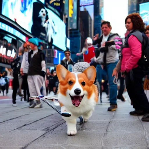 Image similar to a corgi riding a skate on times square