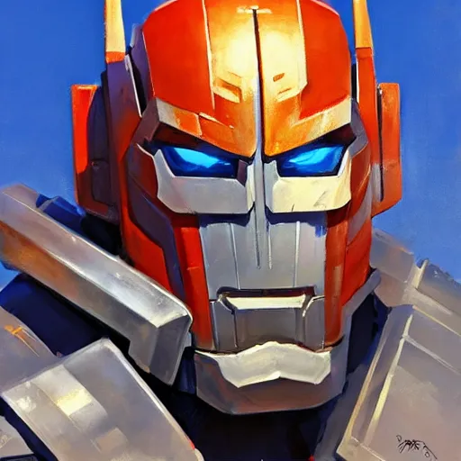 Image similar to greg manchess portrait painting of optimus prime as overwatch character, medium shot, asymmetrical, profile picture, organic painting, sunny day, matte painting, bold shapes, hard edges, street art, trending on artstation, by huang guangjian and gil elvgren and sachin teng