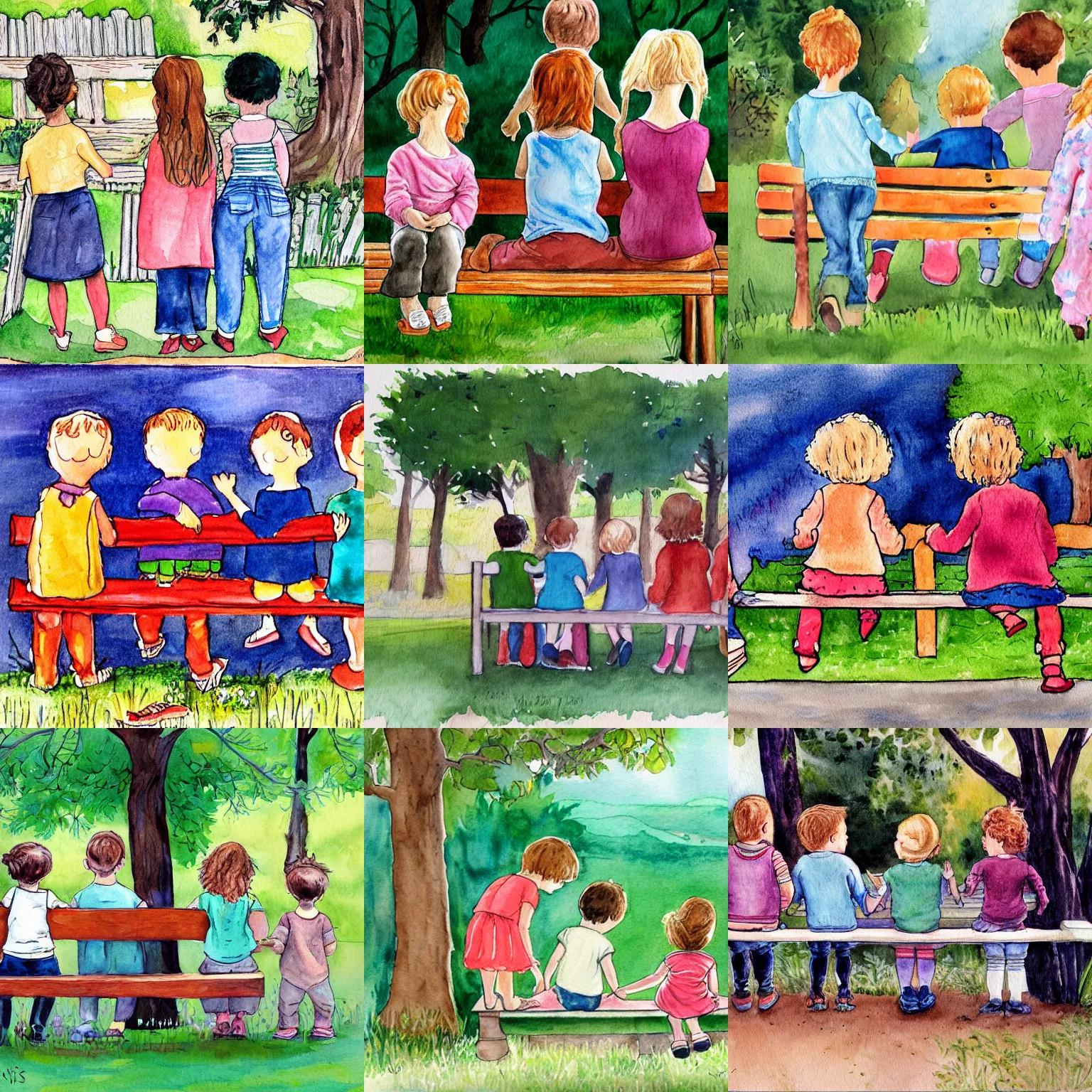 Prompt: a painting of a group of children standing around a bench, a storybook illustration by mary davis, lady davis, watercolor, storybook illustration, childs drawing