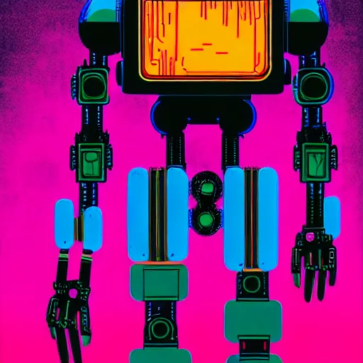 Prompt: a full body character design angus mckie tim doyle, laurie greasley. fiery flaming grungy industrial faceless humanoid anatomical mech robot heroic!! fire!! bold outline sharp edges. ultra clear detailed. 8 k. elegant, neon colors, dynamic angle, intricate complexity, epic composition, symmetry, cinematic lighting masterpiece