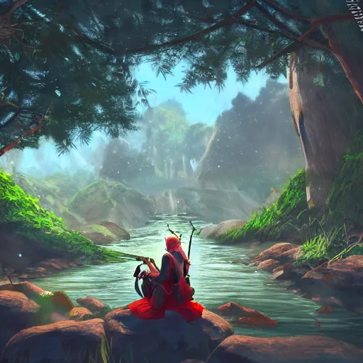 Image similar to ffxiv's y'shtola fishing in the forest at dawn, illustration, trending on art station