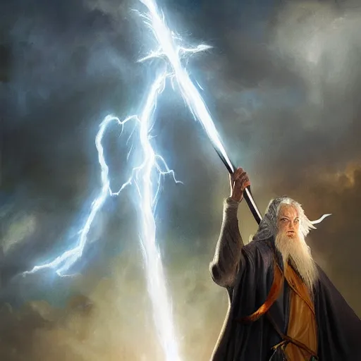 Image similar to gandalf casts a lightningbolt on saruman, wizardbattle, dramatic light, night, thunderclouds, fantasy background, painted by stanley lau, painted by greg rutkowski, painted by stanley artgerm, digital art, trending on artstation