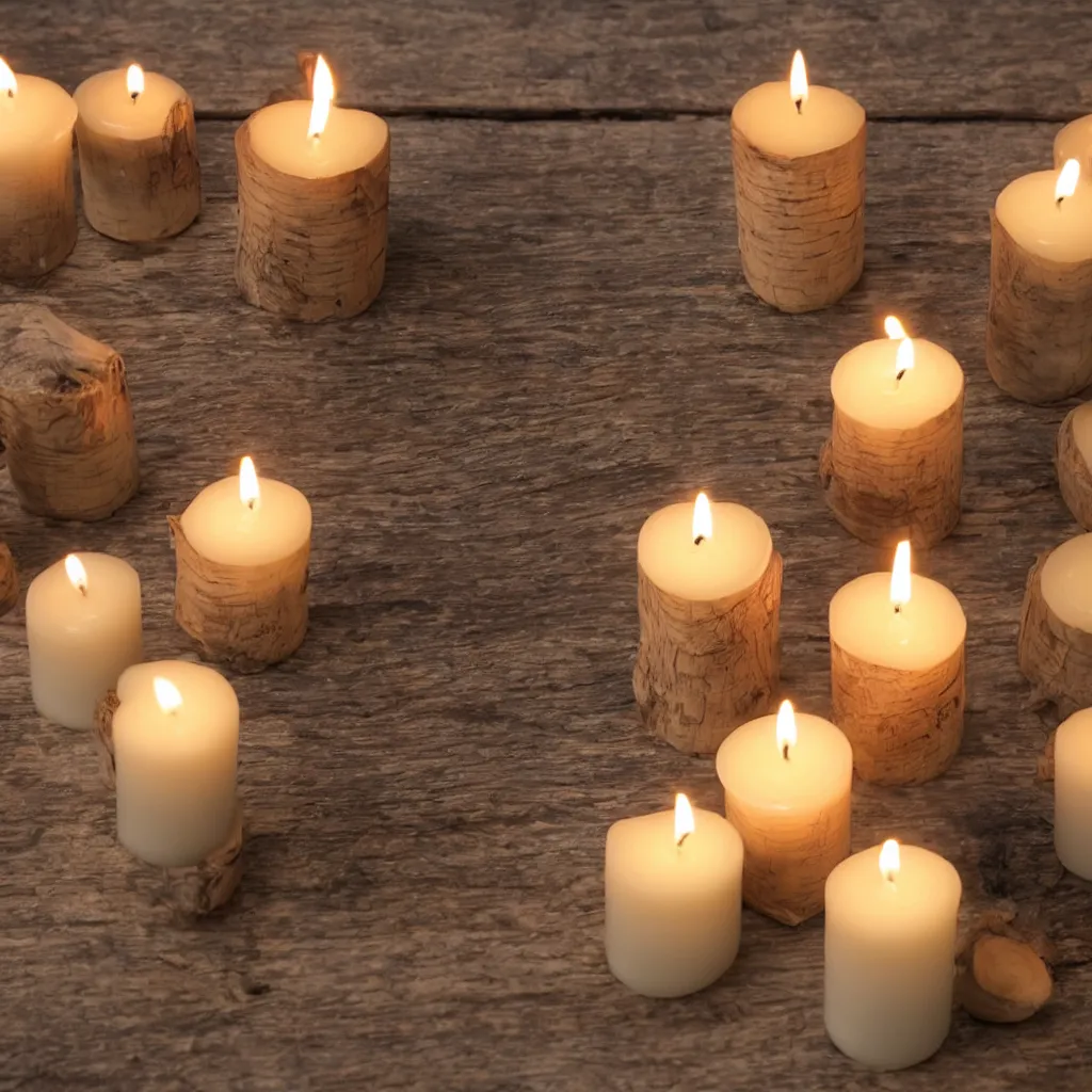 Image similar to close - up view of candles on top of a wooden table, 8 k, high detail, photorealistic, proper shading, gorgeous view