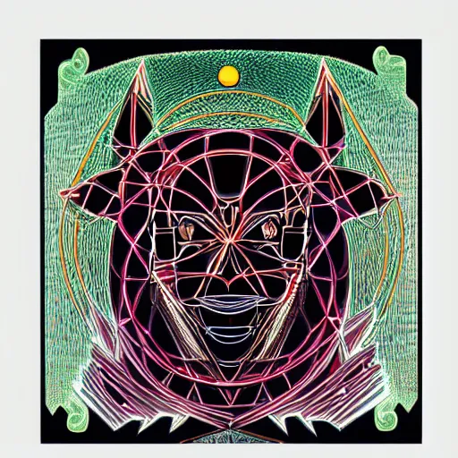 Image similar to the headed robotic hell dog, sacred geometry, alchemy, secrets of the merkabah in the style of alex grey