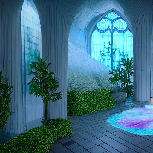Image similar to vaporwave chapel, liminal space, high detail, rendered in unreal engine, 3d render, god rays, volumetric lighting, vegetation