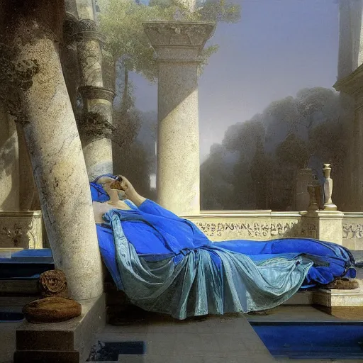 Prompt: gardens of marble draped in flowing sheets of cobalt blue satin and silver satin, by ivan aivazovsky and syd mead and moebius and roger dean and pieter claesz and paul delaroche and alma tadema and august malmstrom and willem claesz heda and aelbert cuyp, hyperrealistic, volumetric light, octane render