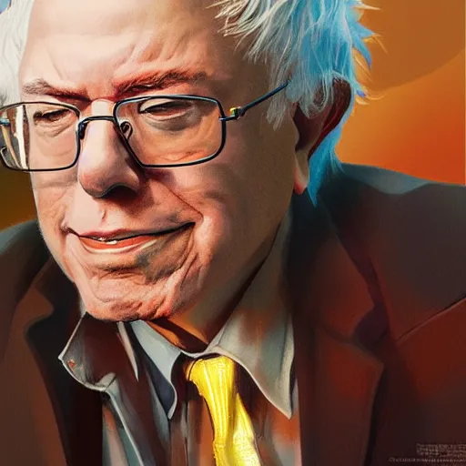 Prompt: A portrait of Bernie Sanders by Stanley Artgerm Lau, WLOP, Rossdraws, James Jean, Andrei Riabovitchev, Marc Simonetti, and Sakimichan, trending on artstation with a blend of manga-style art, augmented with vibrant composition and color, all filtered through a cybernetic lens, studio lighting, lit by flashing pixel light, cinematic lightning, medium shot, mid-shot, highly detailed, trending on artstation, Unreal Engine 4k, cinematic wallpaper