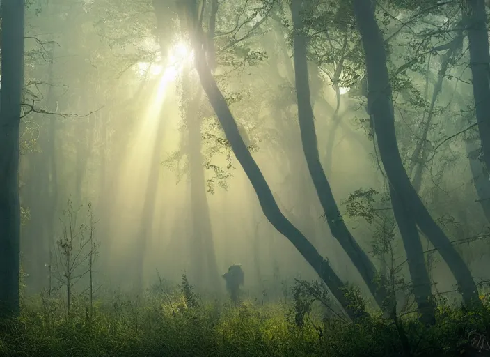 Image similar to misty swamp in early morning, hazy fog, sundown golden hour, firefly wisps, sun rays through trees, Lilia Alvarado, Sophie Anderson, Mark Arian, Bob Byerley, Charlie Bowater, Mark Brooks, Steve Henderson, Justin Gerard, Arthur Hughes, Edward Robert Hughes, Mark Keathley, Victor Nizovtsev, Carlos Shwabe, Ross Tran, WLOP