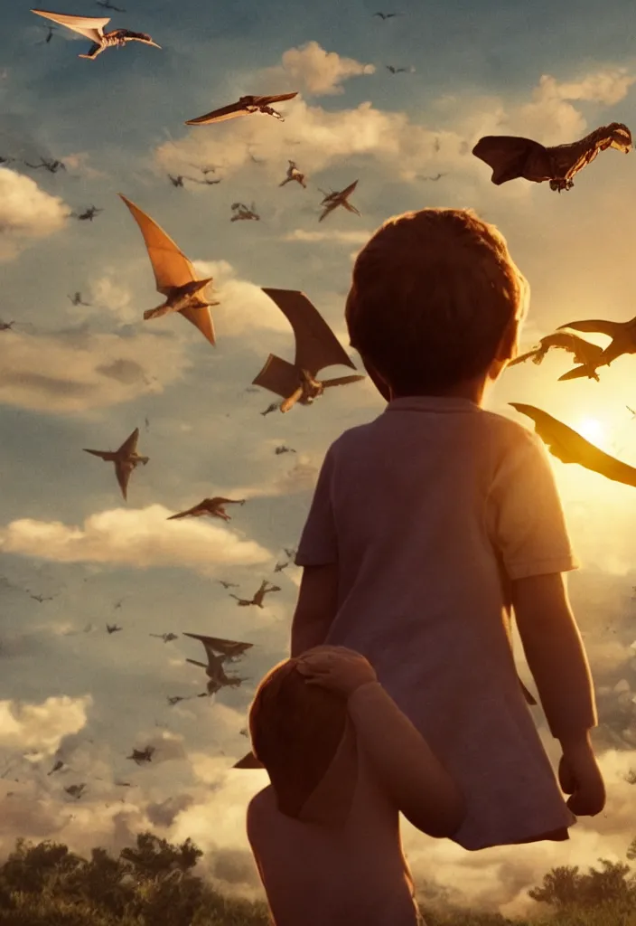 Image similar to a child looking at a pterodactyle flying in the sky in the style of a movie poster, realistic, super detailed, cinematographic, epic lighting