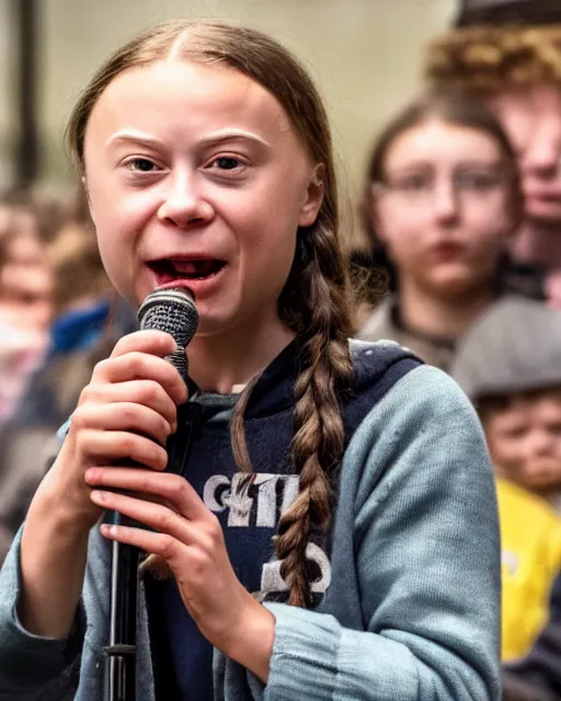 Image similar to film still close - up shot of greta thunberg giving a speech in a train station eating raw meat smiling its. photographic, photography