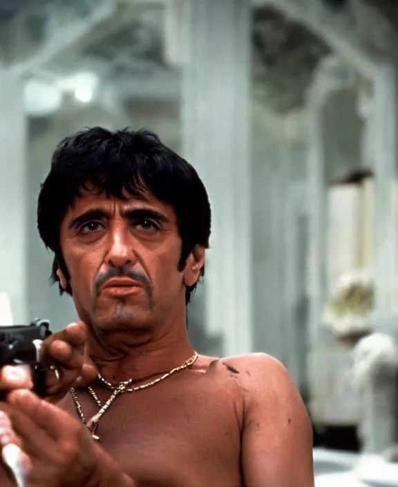 Image similar to tony montana from movie scarface 1 9 8 3. staying with m 1 6 riffle. al pacino, extreme long shot, perfect symmetric face, coherent eyes, fine details, 4 k, ron cobb. cinestill
