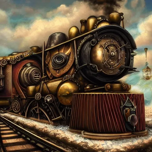 Image similar to steampunk train, details machine, detailed background, realistic moving, unreal engine, by popular digital artist, digital, artstation,, heavenly atmosphere, digital art, overdetailed art, trending on artstation, cgstudio, the most beautiful image ever created, dramatic, award winning artwork, beautiful scenery