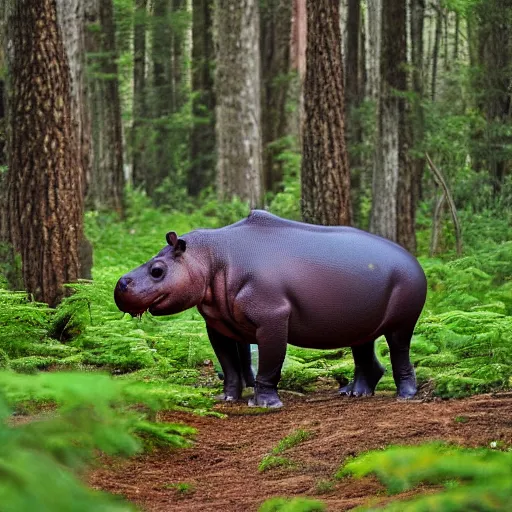 Image similar to a happy hippopotamus in a forest of cedar trees, realistic, photograph, high quality