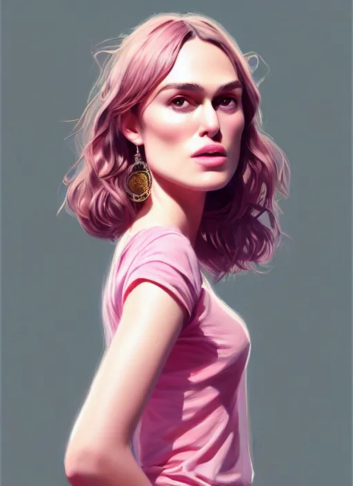 Image similar to full body portrait, teenage keira knightley, pink hair, sultry, realistic, hoop earrings, skirt, shirt, intricate, elegant, highly detailed, digital painting, artstation, concept art, smooth, sharp focus, illustration, art by wlop, mars ravelo and greg rutkowski