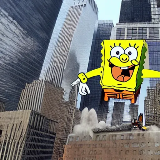 Image similar to giant sized spongebob squarepants destroying the twin towers in new york city