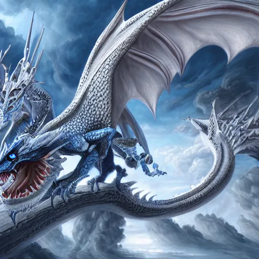 Image similar to a Blue eyed white dragon, epic background by Keith Thompson and Christopher Bretz, highly detailed, digital painting, HDRI, vivid colors, high contrast, 8k resolution, intricate, photorealistic, smooth