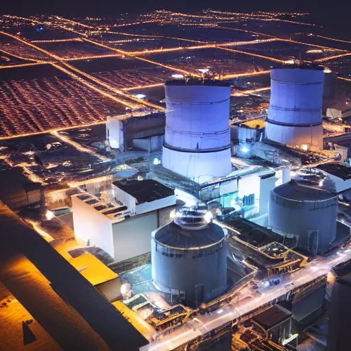 Image similar to photo of an inside nuclear power plant at night birds eye view inception cinematic