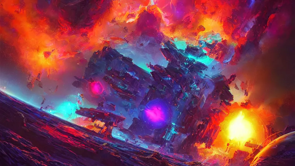 Prompt: An epic beautiful digital artwork of an ancient terrifying God in space, consuming and eating and destroying a futuristic colorful spacestation. Bright explosions. By Ken Fairclough and Dylan Cole and John Harris, trending on behance, trending on artstation, award winning.