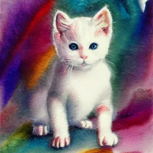 Prompt: a white kitten passing through a prism and becoming kittens of every color of the rainbow, fantasy watercolor,