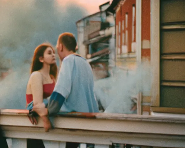 Image similar to lomo photo of pair standing on small hrushevka balcony full with cigarette smoke in small russian town looking at sunset, cinestill, bokeh