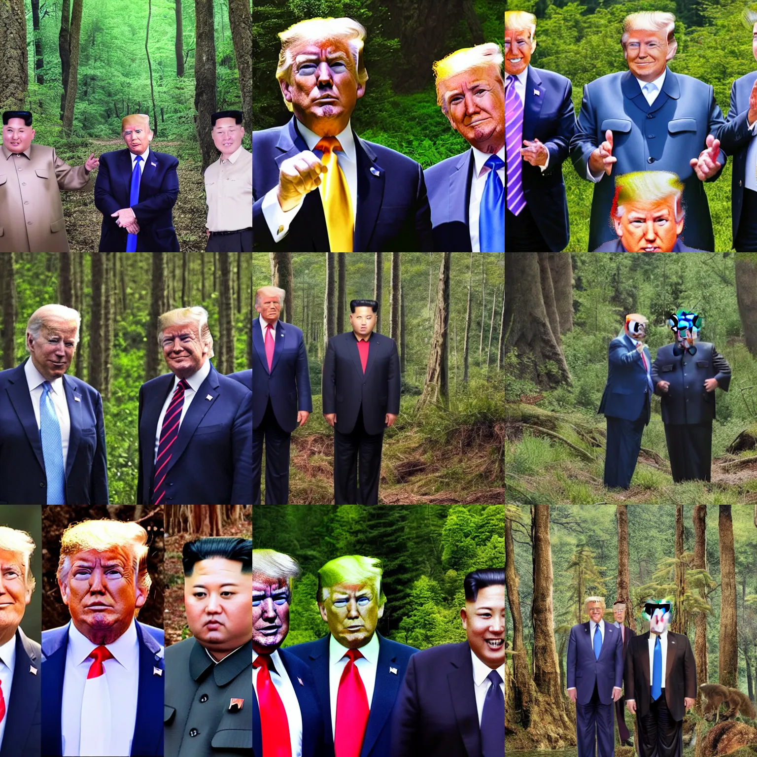 Prompt: Joe Biden, Donald Trump and Kim Jong Un taking a group photo in a forest, hyper realistic, 4k