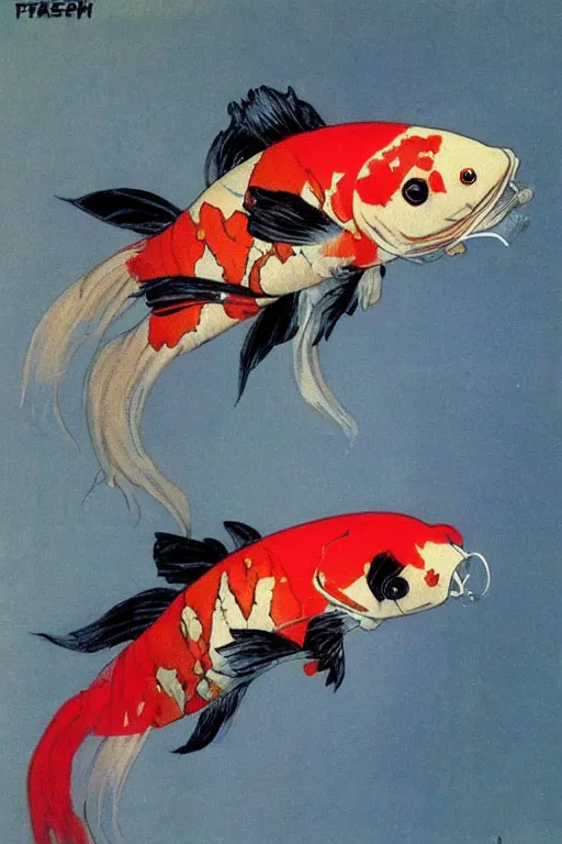 Image similar to a koi fish!! fighter robot by Frank Frazetta