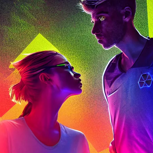 Image similar to soccer, futuristic, high def, realistic people, neon colours, high saturation,