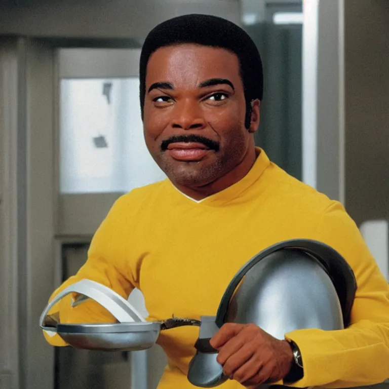 Prompt: geordi laforge wearing visor and a colander and random kitchen tools on his head