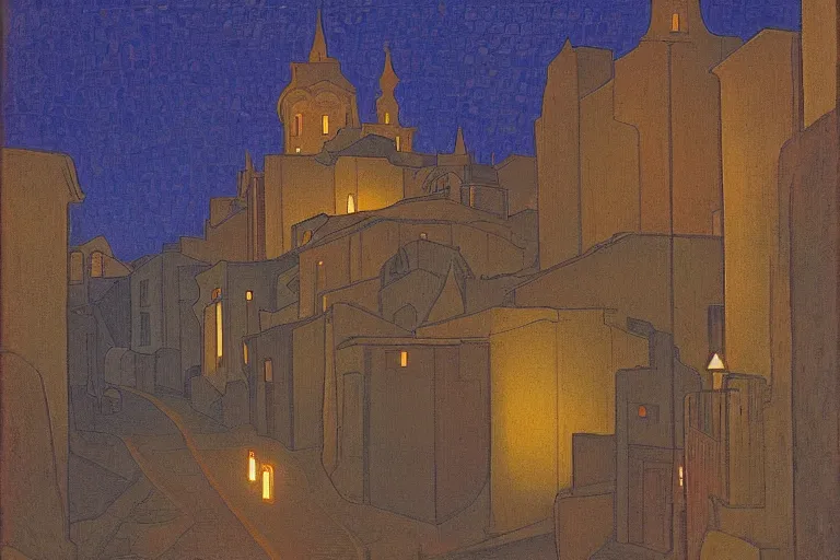 Image similar to winding street at twilight in a very old city by George Price Boyce and Nicholas Roerich and jean delville, glowing paper lanterns, strong dramatic cinematic lighting , ornate tiled architecture, lost civilizations, smooth, sharp focus, extremely detailed