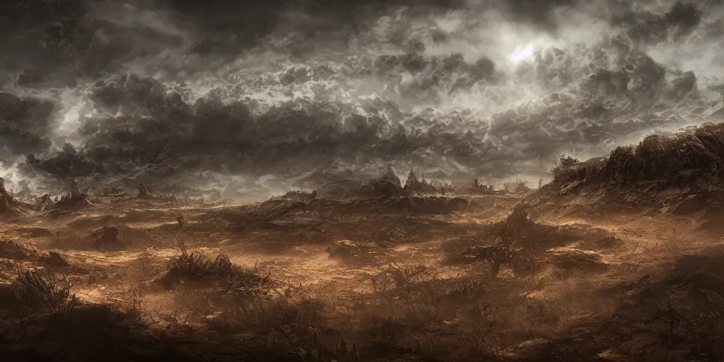 Image similar to barren landscape, apocalyptic fantasy, mmo, digital art, 4 k