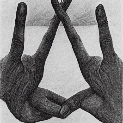 Prompt: M.C. Escher two hands drawing each other with a pencil