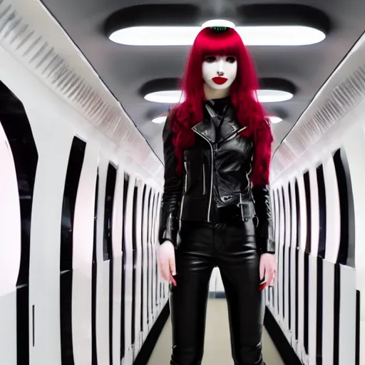 Image similar to Android girl, very pale skin, red lipstick, green eyes, jet black hair, cherry-red jacket, black leather pants, boots, hair over one eye, futuristic capsule hotel