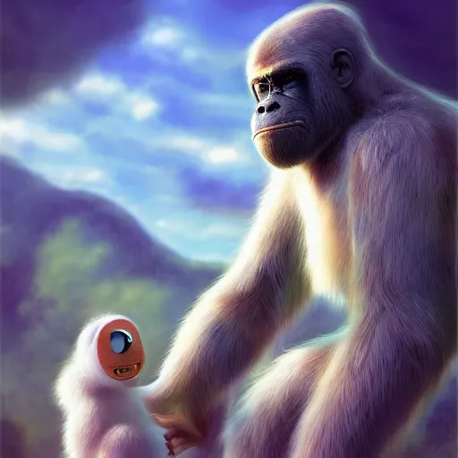 Image similar to cutie fluffy creature with king kong, digital art, 3 d, octave render, masterpiece, mega detailed, pixar, disney, vivid illustration, cartoon, fantasy, by george stubbs, artgerm, in the style of ghibli kazuo oga, pastel fur