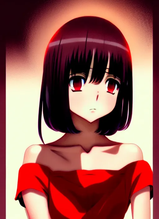 Prompt: anime portrait of a beautiful woman, medium long bob, straight bangs, wearing red gown, ilya kuvshinov, anime, pixiv top monthly, trending on artstation, cinematic, danbooru, zerochan art, kyoto animation