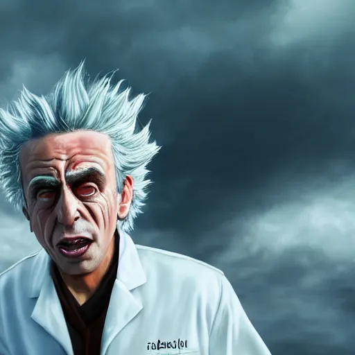 Image similar to portrait of real life rick sanchez wearing white lab coat. drool coming out of mouth. photo realism. dramatic lighting. alien planet background. 4 k