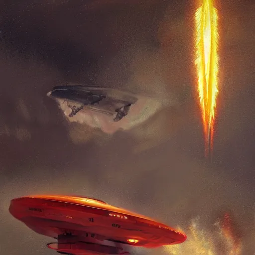 Image similar to a huge spaceship landing, the spaceship is on fire, smoke, rainstorm, lightning, angry, kinetic, john sargent, adolphe bouguereaum, norman rockwell, style by peter deligdisch, concept art by jama jurabaev, trending on artstation, highly detailed oil painting,