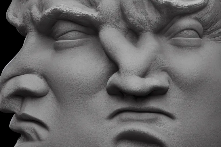 Image similar to ultra - fine detailed photograph of donald trump marble sculpture face, octane render, volumetric lighting, award - winning, perfection, ambitious, featured on artstation, by greg rutkowski, ambient occlusion, hyper - realism, 4 k hd, qled,