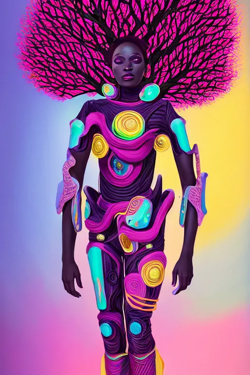 Image similar to illustration neo - futurist cinematic super expressive! yoruba goddess with exoskeleton armor, merging with tree in a forest, pink yellow flowers, highly detailed digital art masterpiece, smooth etienne sandorfi eric zener dramatic pearlescent soft teal light, ground angle uhd 8 k, sharp focus