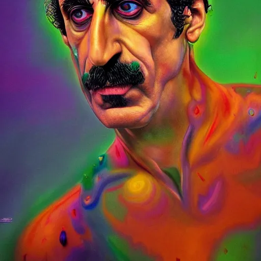 Image similar to An extremely psychedelic portrait of Frank Zappa, surreal, LSD, face, detailed, intricate, elegant, lithe, highly detailed, digital painting, artstation, concept art, smooth, sharp focus, illustration