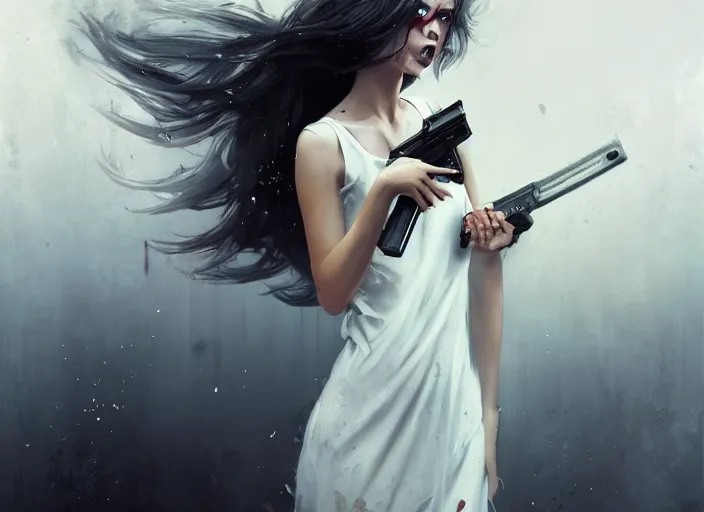 Prompt: white dress girl chasing from crazy grim reaper, holding a gun, messy hair, messy lines, scared face, beautiful and aesthetic and attractive and detailed face, dramatic situation, specular reflection, occlusion shadow, intricate, bokeh, box offic hit, masterpiece, by ilya kuvshinov and jeremy lipking and quentin mabille