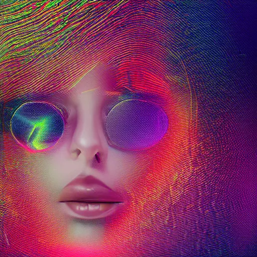 Prompt: glitchart of a young woman lucid dreaming in cyberspace, photoreal