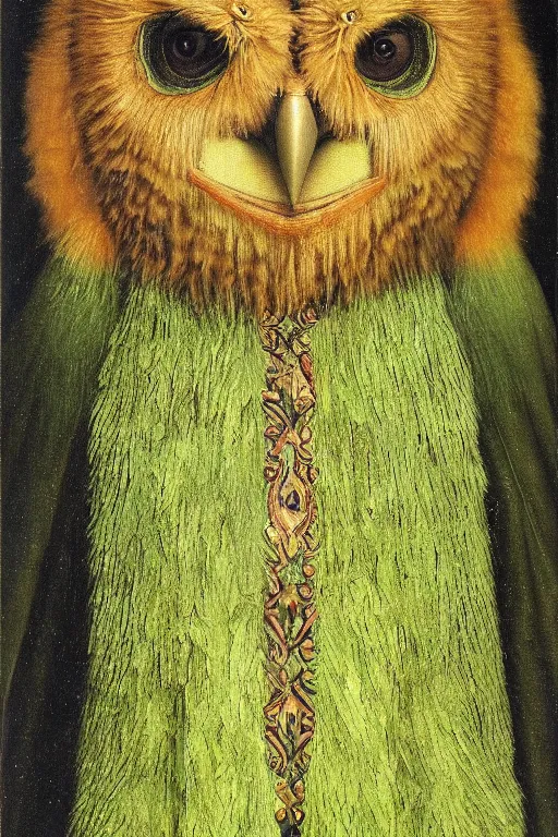 Image similar to portrait of humanoid iridescent green owlbear wearing a loose tunic. an anthropomorphic owlbear. fantasy, oil painting by jan van eyck, northern renaissance art, oil on canvas, wet - on - wet technique, realistic, expressive emotions, intricate textures, illusionistic detail