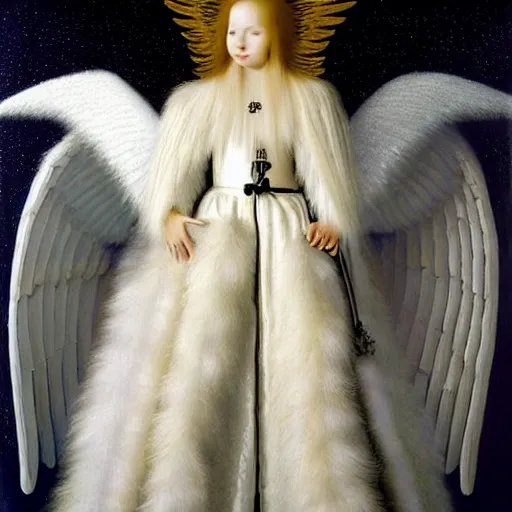 Image similar to highdetailed hyperrealistic painting of white angel!!! no gender!!!, giant ball of miracle light from the chest!!!!!, white sparkles everywhere, 4 k hd fur face!!!, big wings, by jan van eyck, holography space, glow effect, large strokes, white monochrome color!!!!!